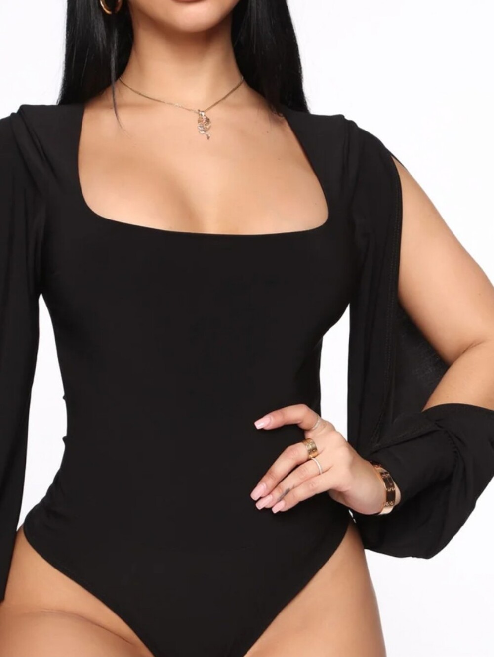 Fashion Nova It's On Deck black bodysuit slit long sleeves SMALL